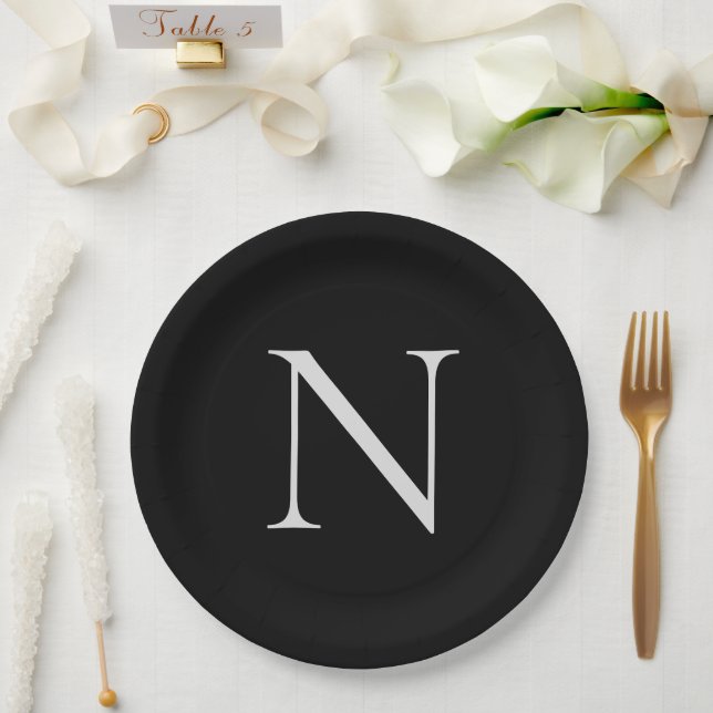Monogram Initials Name Customized  Black White Paper Plates (Wedding)