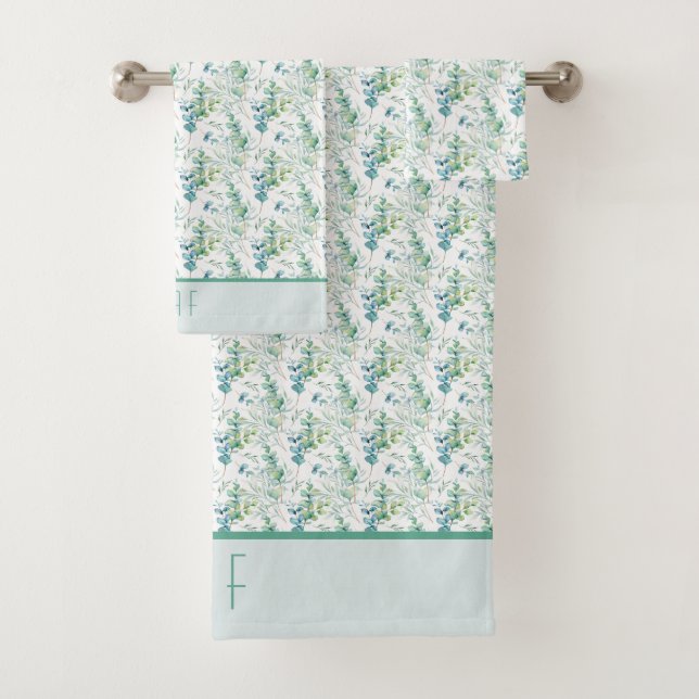 Monogram Initials Name Eucalyptus Greenery Bath Towel Set (Insitu)