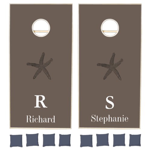 Monogram Initials Name Family Wood Brown Starfish Cornhole Set