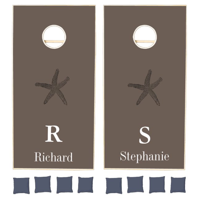 Monogram Initials Name Family Wood Brown Starfish Cornhole Set (Set)