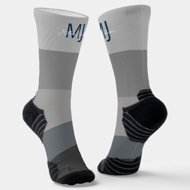 MONOGRAM INITIALS NAME GREY GRADIENT LINE PATTERN SOCKS (Angled)