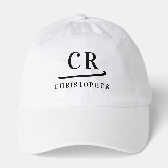 Monogram Initials Name Minimalist Black White Dad Hat (Front)