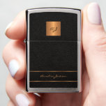Monogram initials name personalized black gold zippo lighter<br><div class="desc">Trendy luxury signature script 2 letters monogrammed lighter featuring a faux gold copper metallic glitter square and stripes over a leather texture look (PRINTED) background. Personalized with your name and monogram letter initials. It can be an elegant custom personal or family gift for a birthday, housewarming, retirement, wedding, holiday, anniversary,...</div>