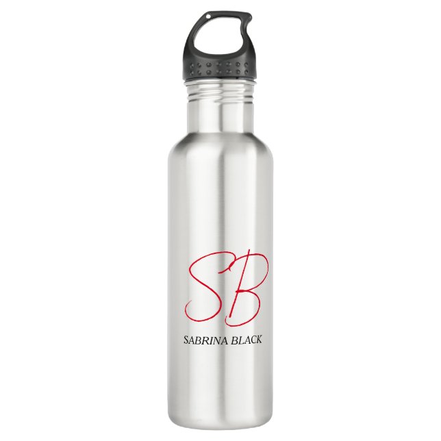 Monogram Initials Name Plain Modern Minimalist Stainless Steel Water Bottle (Front)