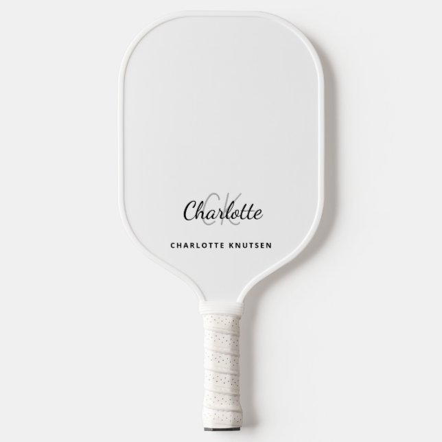 Monogram initials name white elegant pickleball paddle (Front)