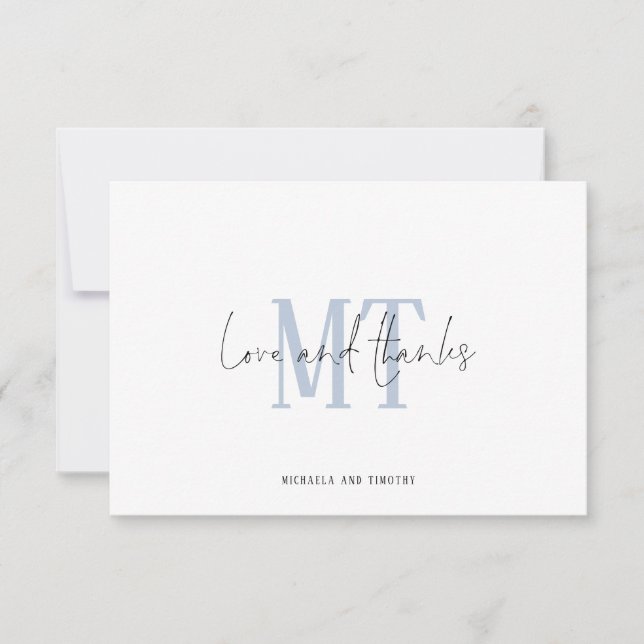 Monogram Initials Names Blue Wedding Thank You Note Card (Front)