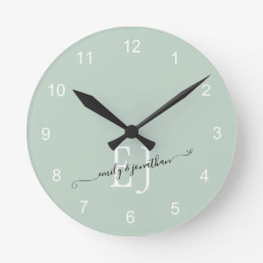 Monogram Initials Names Elegant Script Sage Green Round Clock