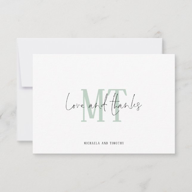 Monogram Initials Names Sage Wedding Thank You Note Card (Front)