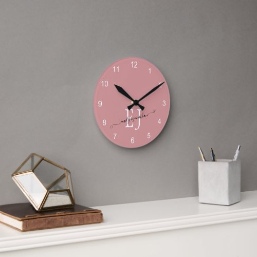 Monogram Initials Names Script Dusty Rose Pink Round Clock