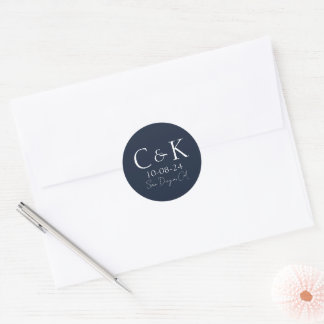 Monogram Initials Navy Blue Wedding Classic Round Sticker