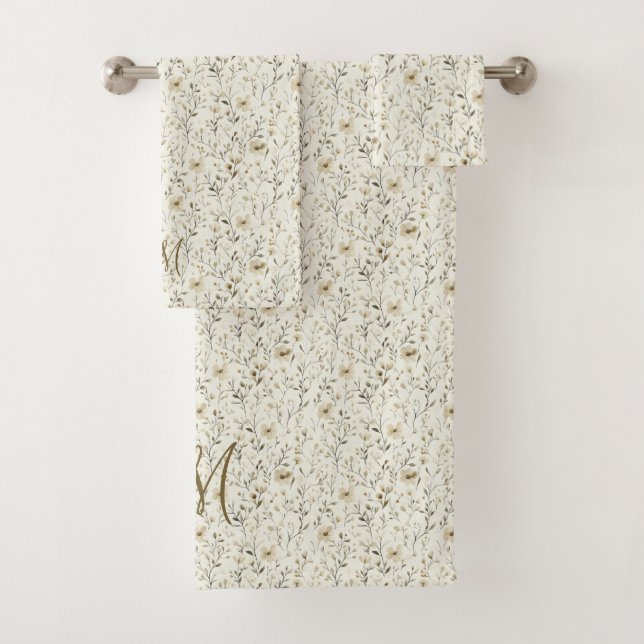 Monogram Initials Neutral Boho Florals Botanicals Bath Towel Set (Insitu)