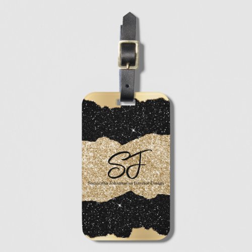 Monogram Initials on Black and Gold Glitter Luggage Tag