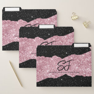 Monogram Initials on Black and Pink Glitter File Folder
