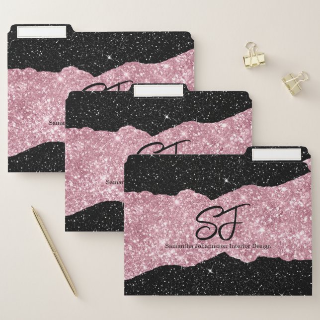 Monogram Initials on Black and Pink Glitter File Folder (Set)