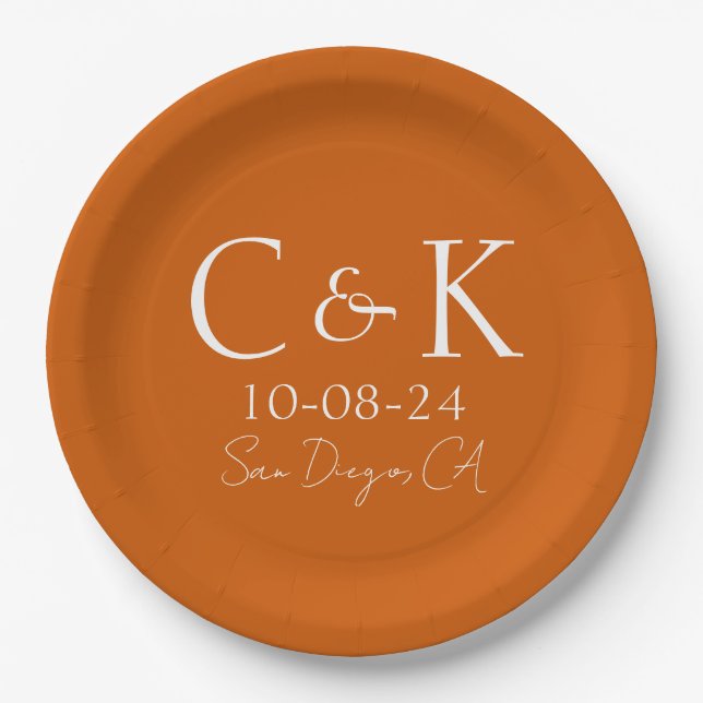 Monogram Initials on Burnt Orange Wedding Paper Plates (Front)