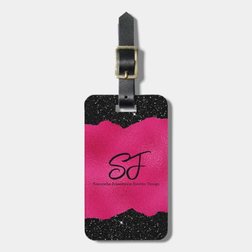 Monogram Initials on Hot Pink and Black Glitter Luggage Tag