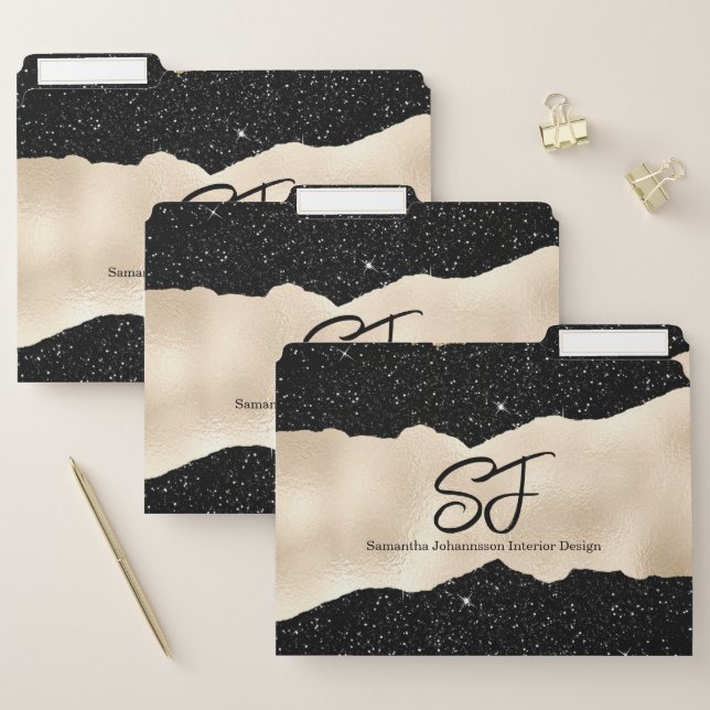 Monogram Initials on Luxurious Black and Gold File Folder (Set)