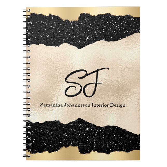 Monogram Initials on Luxurious Black and Gold Notebook (Front)