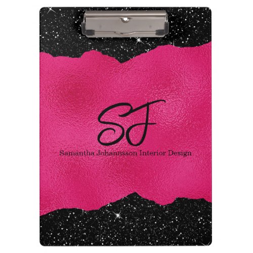 Monogram Initials on Luxurious Black and Hot Pink Clipboard
