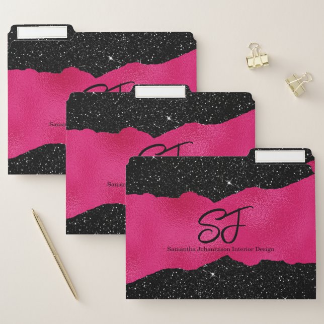 Monogram Initials on Luxurious Black and Hot Pink File Folder (Set)