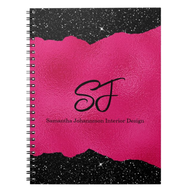 Monogram Initials on Luxurious Black and Hot Pink Notebook (Front)