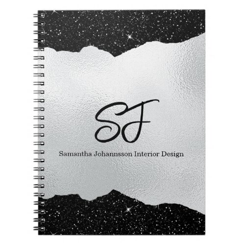 Monogram Initials on Luxurious Black and Silver Notebook
