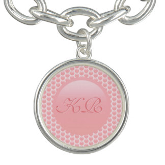 Monogram initials on rose pink polka dots charm bracelet