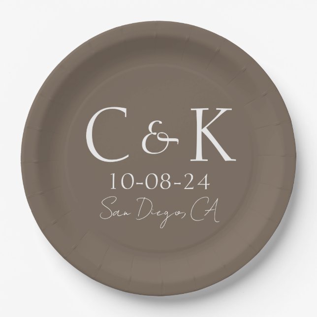 Monogram Initials on Shitake Brown Wedding Paper Plates (Front)