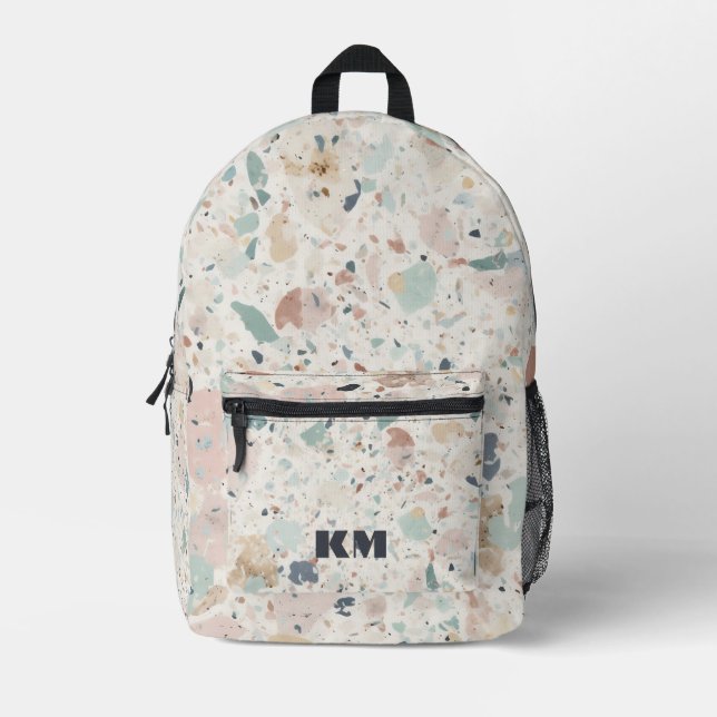 Monogram Initials Pastel Terrazzo Pattern Printed Backpack (Front)