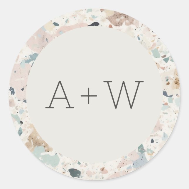 Monogram Initials Pastel Terrazzo Pattern Wedding Classic Round Sticker (Front)