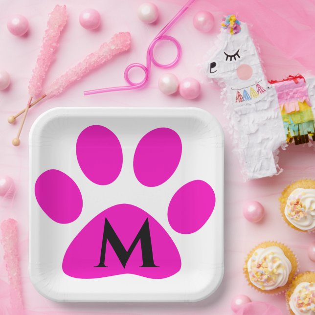 Monogram Initials Paw Prints Pink Black Cute Girly Paper Plates (Party)