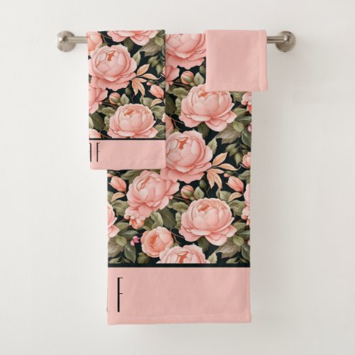 Monogram Initials Peach Pink Floral Bridal Shower  Bath Towel Set