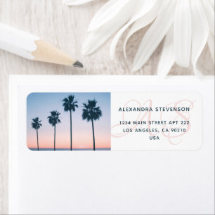 Monogram Initials Pink & Blue Palm Tree Sunset Label
