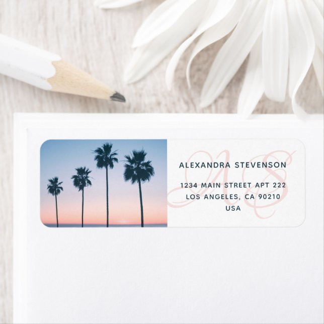 Monogram Initials Pink & Blue Palm Tree Sunset Label (Insitu)
