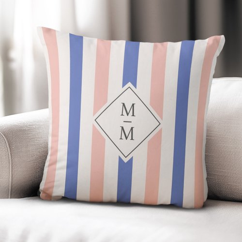 Monogram initials pink blue stripes throw pillow