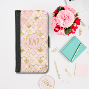 Monogram Initials Pink Blush Gold Mermaid Scales iPhone 8/7 Wallet Case