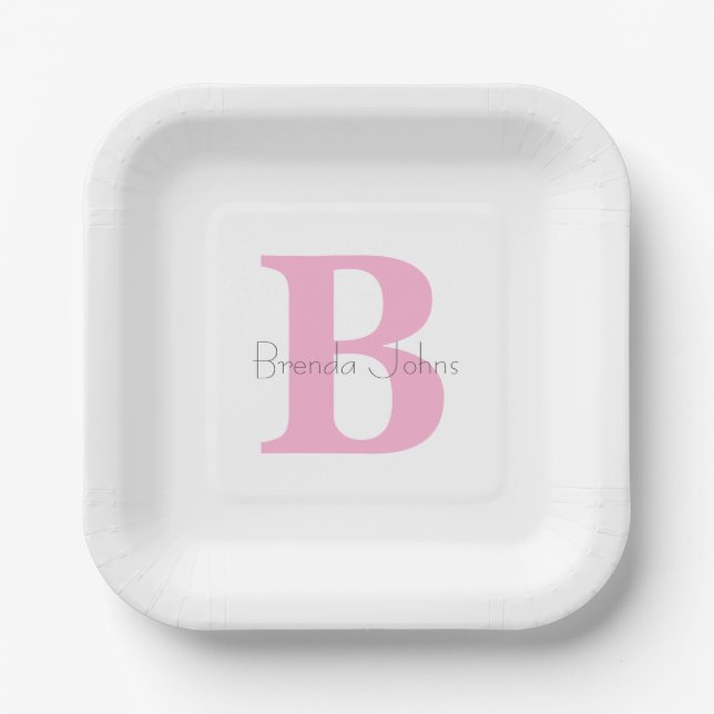 Monogram Initials Pink Custom Name Baby Shower Paper Plates (Front)