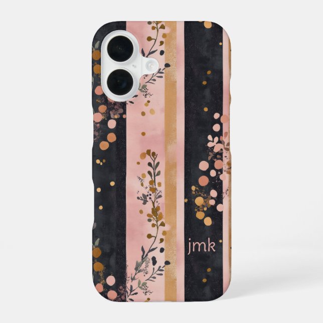 Monogram Initials Pink Gold Black Florals Stripes  Iphone Case (Back)