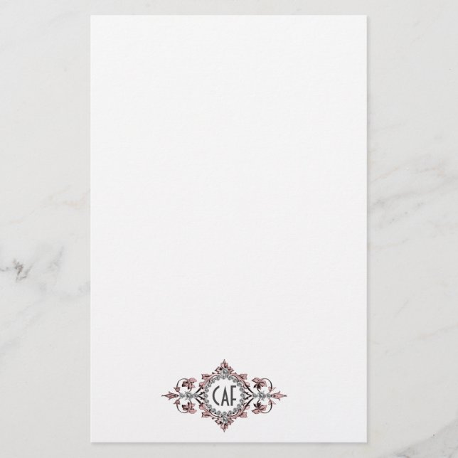 Monogram Initials Pink Gray Ornate Flourish  Stationery (Front)
