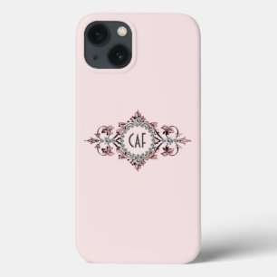 Monogram Initials Pink Gray Silver Flourish iPhone 13 Case