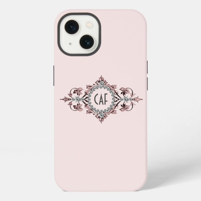 Monogram Initials Pink Gray Silver Flourish  Iphone Case (Back)