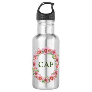 Monogram Initials Pink Green Floral Trendy Girly Stainless Steel Water Bottle
