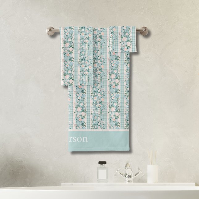 Monogram Initials Pink Mint Green Florals Gingham  Bath Towel Set (Monogrammed Grand Millennial Pastel Florals Gingham stripes bath towel set. Bridal shower Wedding )