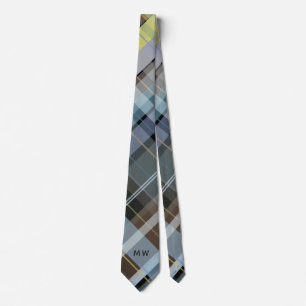 Monogram Initials Plaid Dusty Blue Gray Brown Chic Neck Tie