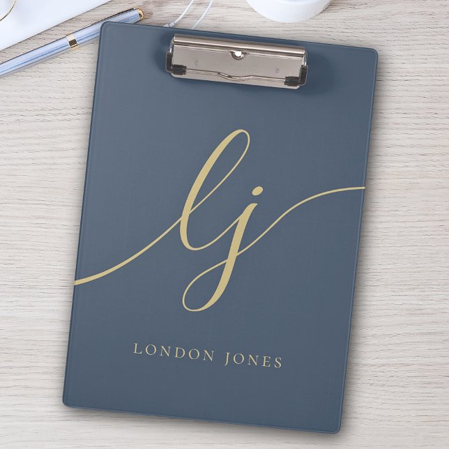 Monogram Initials Professional Gold Script Navy Clipboard (Creator Uploaded)