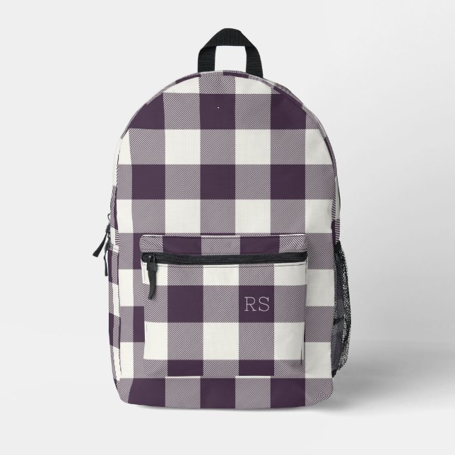 Monogram Initials Purple Gingham Buffalo Check Printed Backpack (Front)