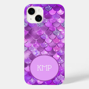 Monogram Initials Purple Silver Mermaid Scales Case-Mate iPhone 14 Case
