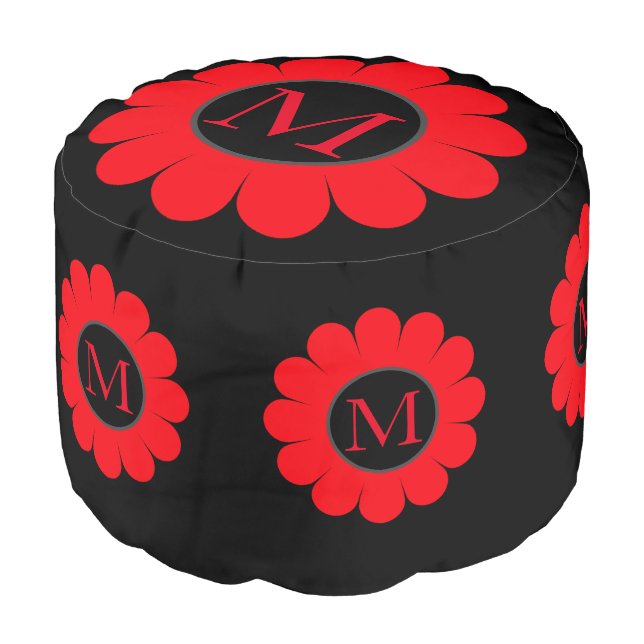 Monogram Initials Red Black Floral Patterns Custom Pouf (Angled Front)