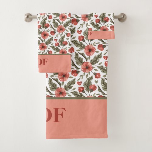 Monogram Initials Red Pink Floral Green Leaves  Bath Towel Set