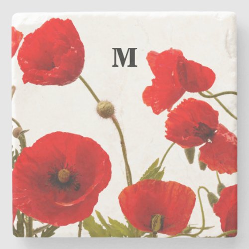 Monogram Initials Red Poppy Flowers Watercolor Stone Coaster